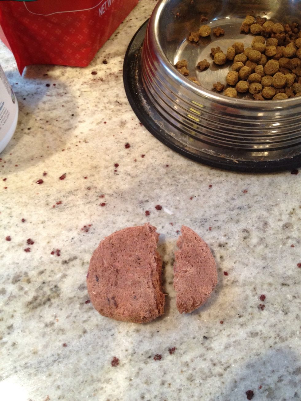 Next step, add 1/3 patty of Stella & Chewy's freeze-dried dog food. This all-natural dog food is great for picky dogs or backpacking. It has all the benefits of raw food, without the mess.