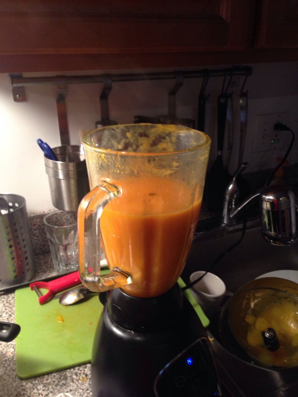 Next step is blending, u can use little bit vegetable oil for each run to emulsify better but i don't do it i like it more natural. If u want finer soup you can run through a chinois or cheesecloth