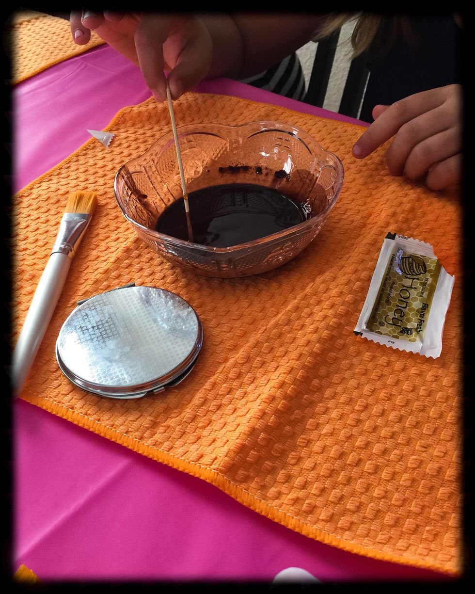 Next stop is beauty lab where girls get to make chocolate face mask and then use it. For the mask I used organic unsweetened coco powder, organic coconut butter (melt it but let it cool down), honey.