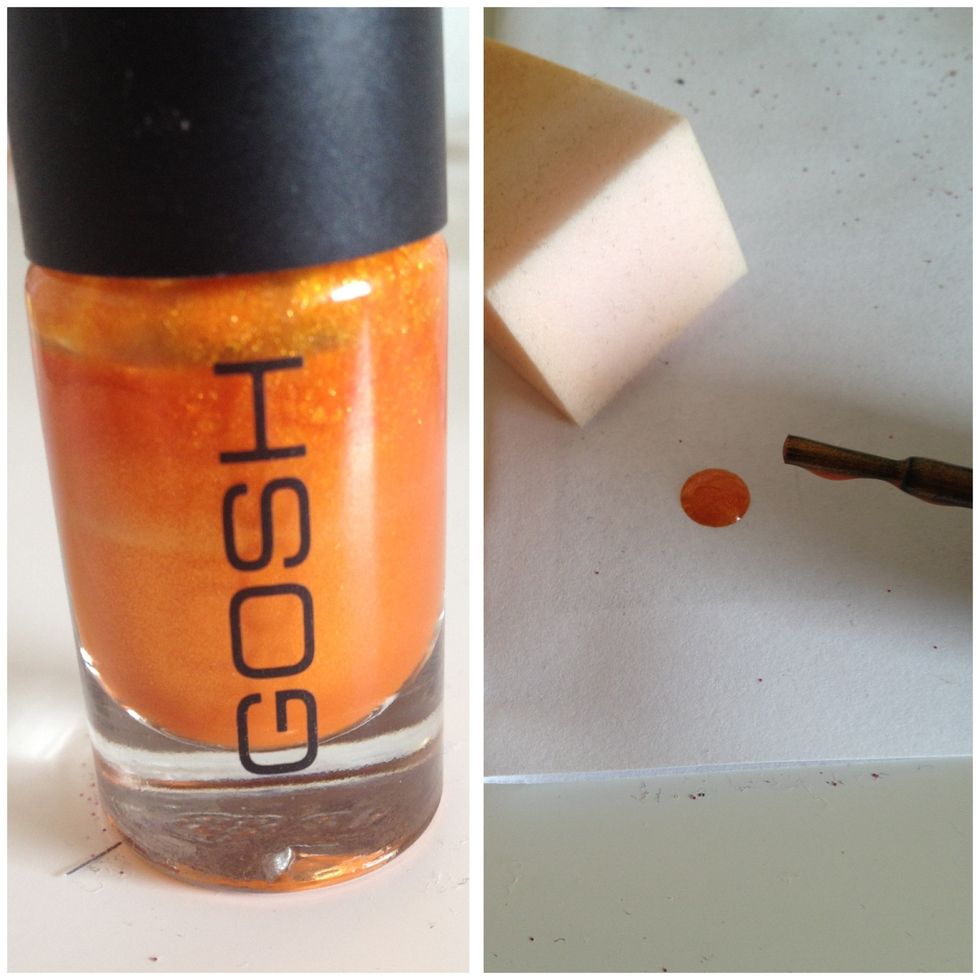Next take a orange shimmery nail polish (GOSH 581) and put it on a piece of paper and grab a makeup sponge..
