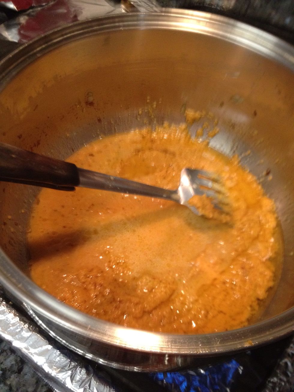 Next. Take all of the blended mixture and put it back in the pan u used to saut\u00e9 onions in the same oil! now keep cooking the mixture