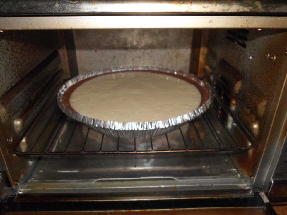 Next take the cheese cake, and put it in the oven at 350 degrees for about 40 minutes