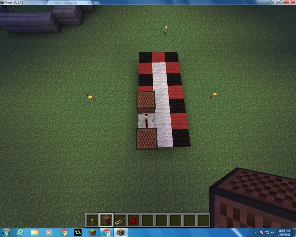 Next take your second Note Block and place it in front of the Repeater. Hit this Note Block 18 times.