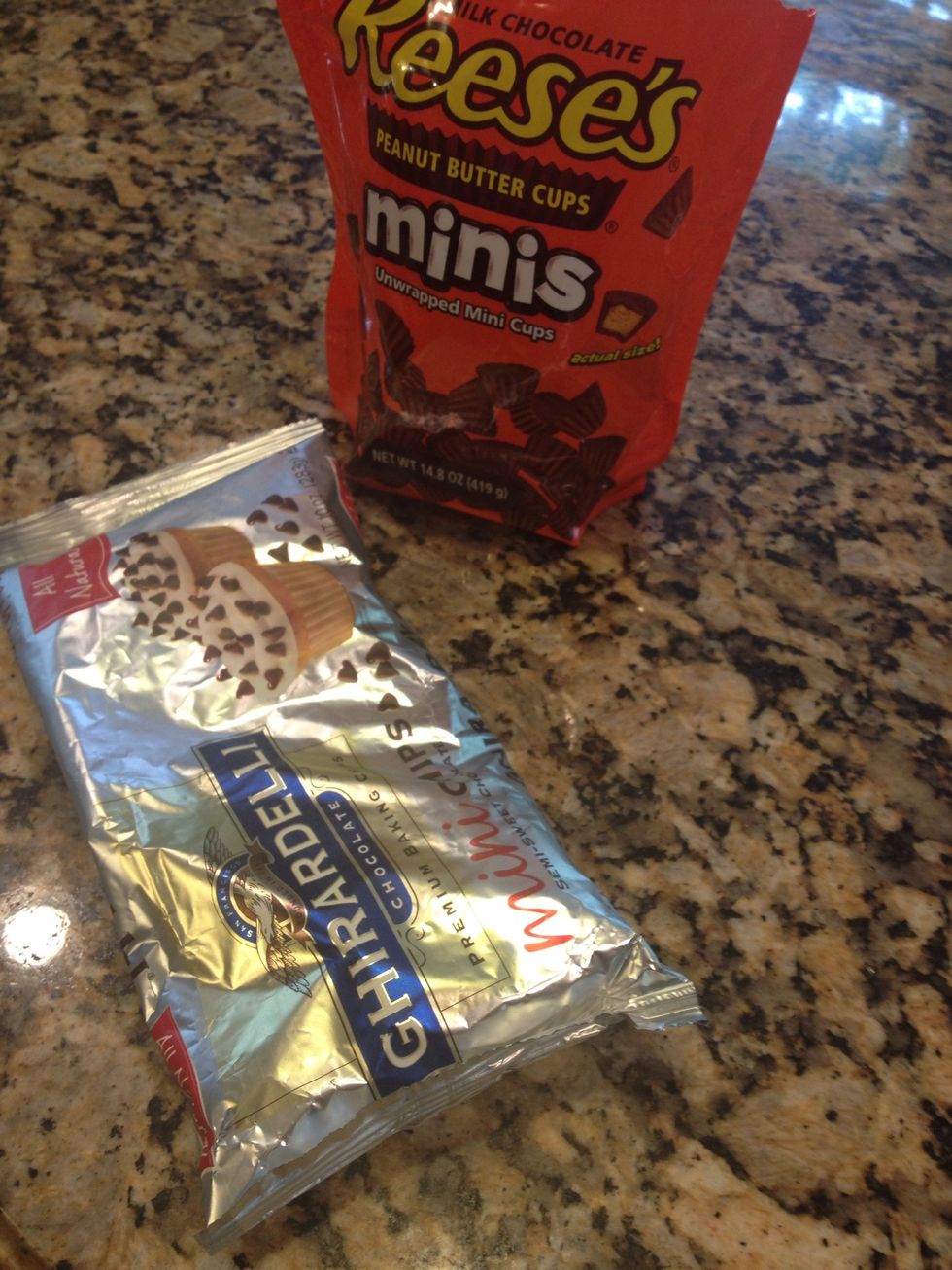 Next the good stuff. I add a bag of Reece's Cup mini's and about 1 c mini semi sweet chips