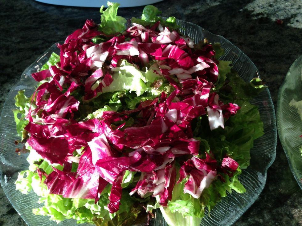 Next the radicchio. This makes the contrast of vibrant orange mango really stand out.