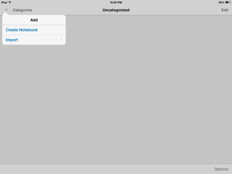 Next to category at the top there is a \u2795 sign at the top left corner, then to create a book press create notebook. To import something from another app, press import under create notebook.