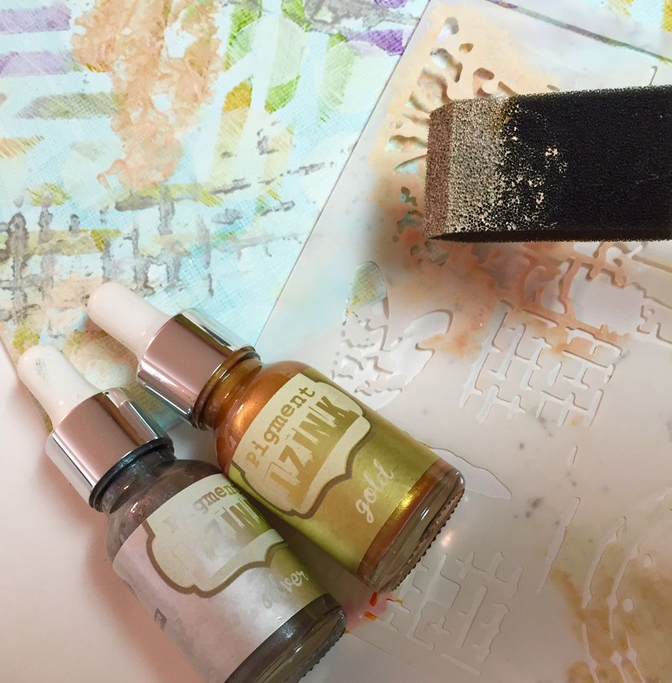next, to tie in the metallic colors to be used on the mini canvases, use Gold and Silver Izink to add portions of MINI SCREEN PRINT stencil to 8 X 10 canvas.