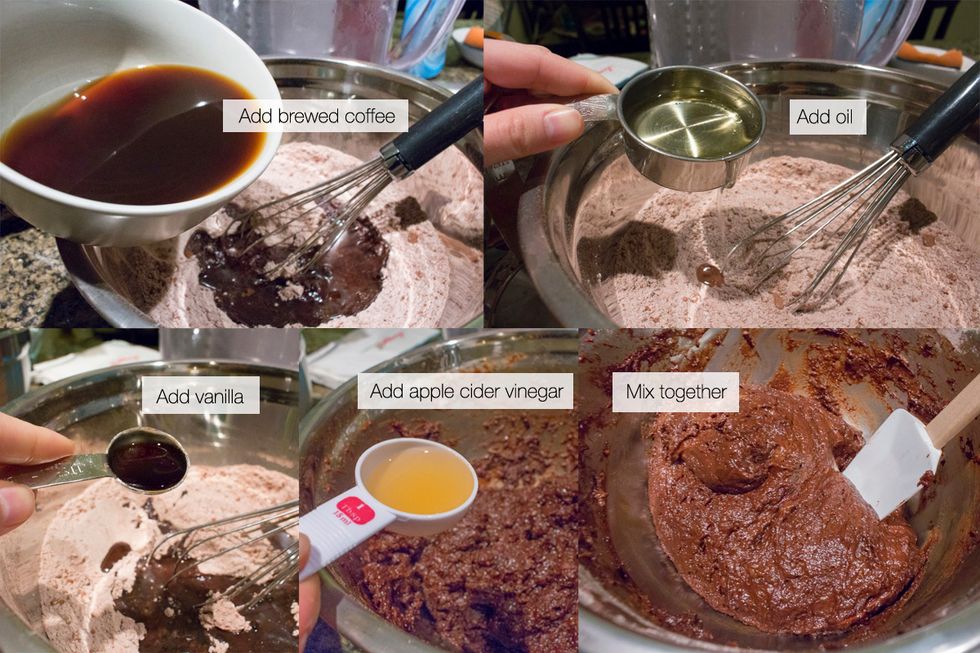Next to your chocolate mixture, add brewed coffee, oil, vanilla, and apple cider vinegar. Mix together until well blended.