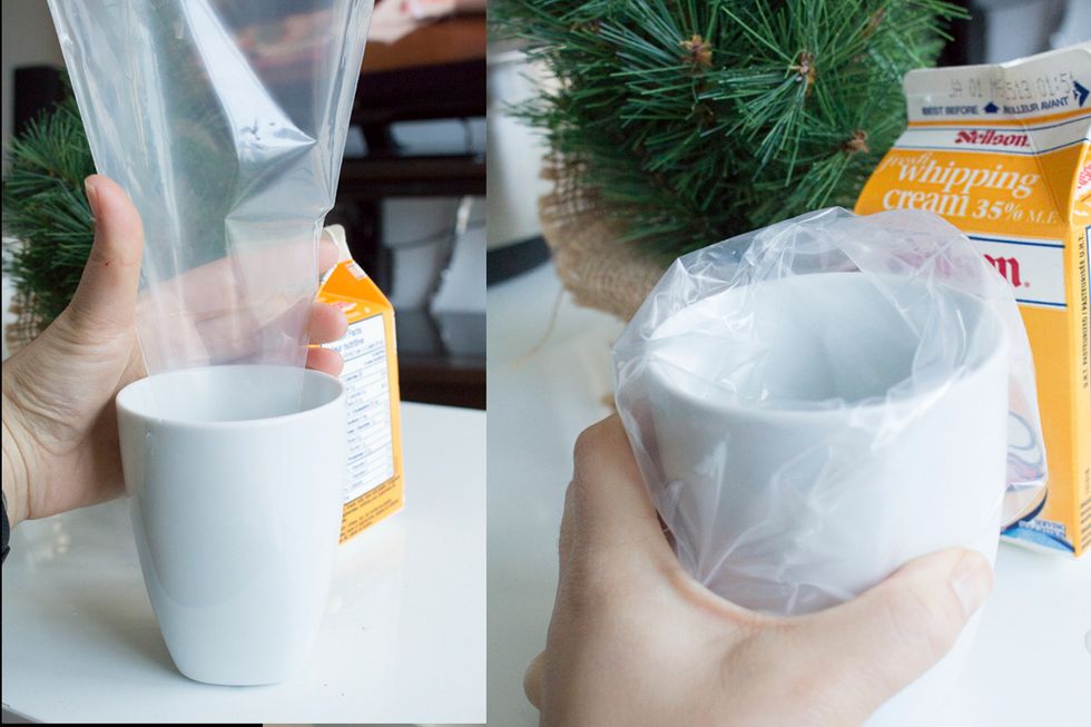 Next, transfer your icing into an icing bag! One technique I like to use is put the piping bag over a mug, and then transfer. Its a lot easier.