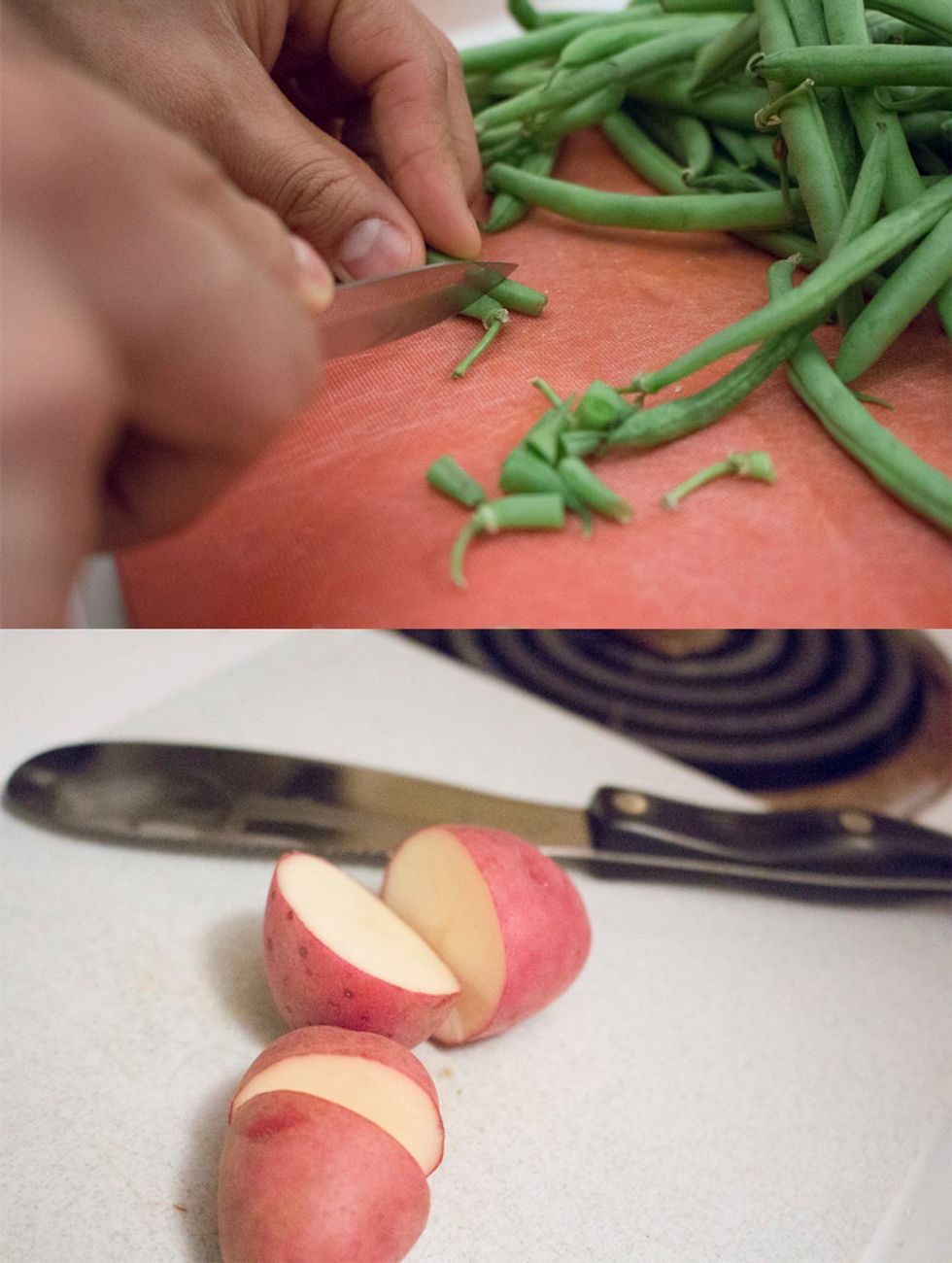 Next trim the ends of your green beans and cut your mini red potatoes in half. Set all of your veggies aside.