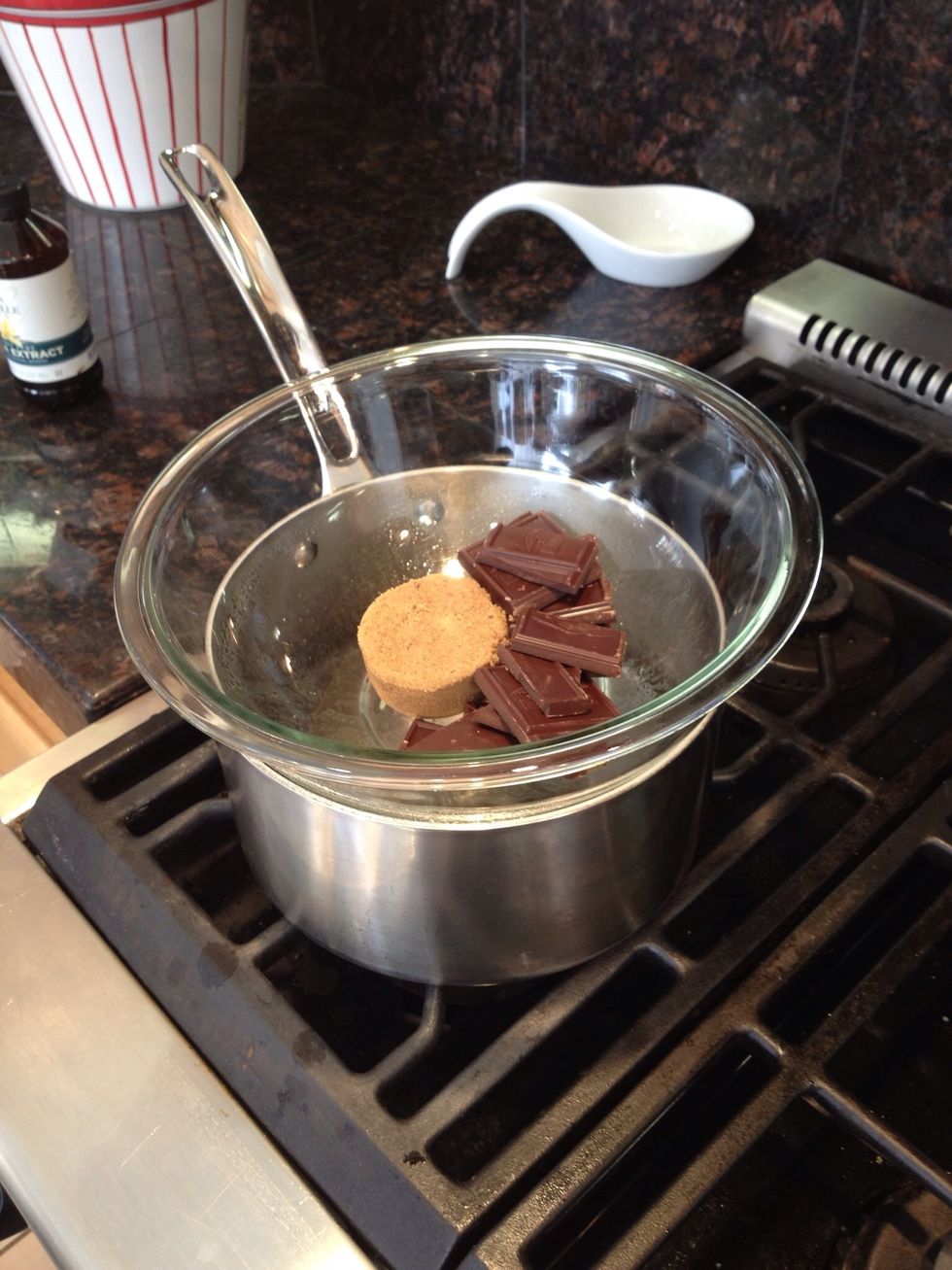 Next, turn to your hot chocolate. Recreate the double boiler and put in the remaining chocolate and brown sugar to melt.