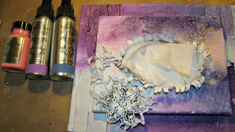 Next up I sponged on my Cotton Candy pink paint here and there and heat set. Then applied my sprays to the canvas.