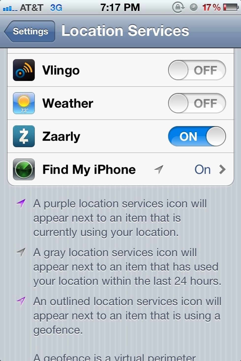 Next, visit SETTINGS>LOCATION to make sure the FIND MY IPHONE location is on. Touch the option to open an additional menu.