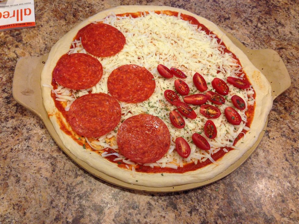 Next we added pepperoni, which we purchased at the deli......way better tasting and less expensive than the packaged pepperoni you can purchase in the meat section. We paid just $.66 for 5 slices!