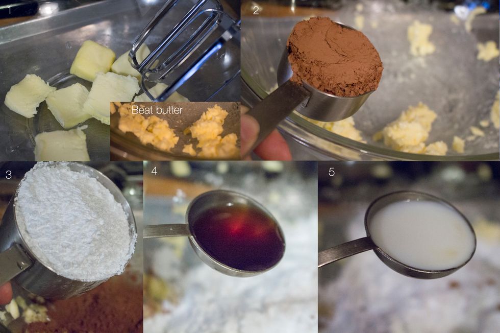 Next we are going to make Mocha Buttercream. In a large bowl, beat 1/3 cup butter, add 1/3 cup cocoa powder, 1.5 cups icing sugar, 1.5 tsp vanilla, and 3 tbsp milk.