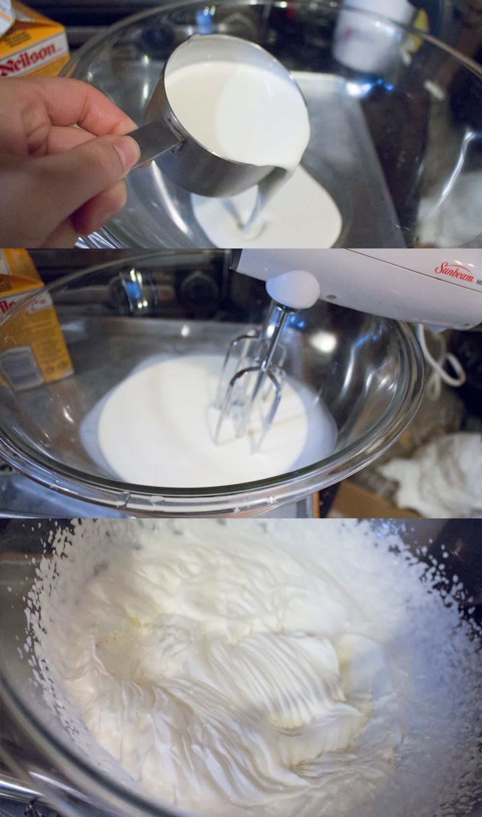 Next we are going to make the Mocha Cream Filling. In a separate bowl, beat 1 cup heavy whipping cream until thick.