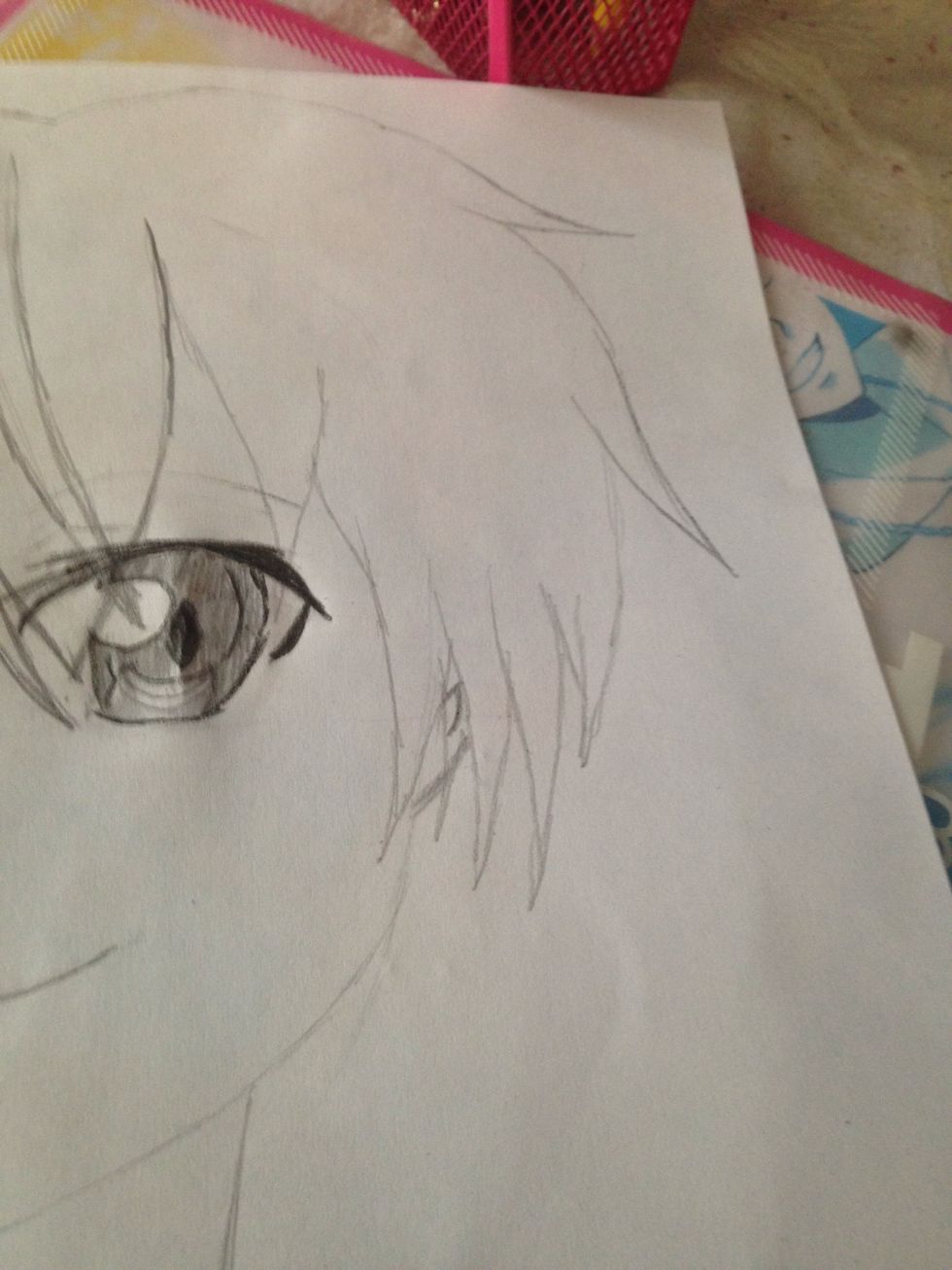 Next, we finish this part of Kirito's hair by covering up most of his ear with his hair