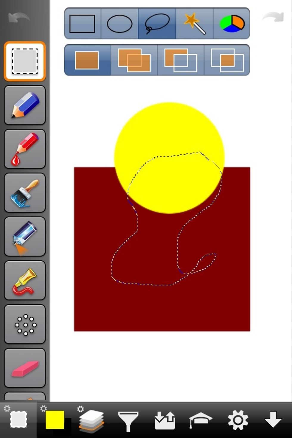 Next we have the tracing tool. Basically what this means is you select an area by drawing the shape you want to select. Think of it as cutting an area with an exacto knife. Draw by dragging or tapping