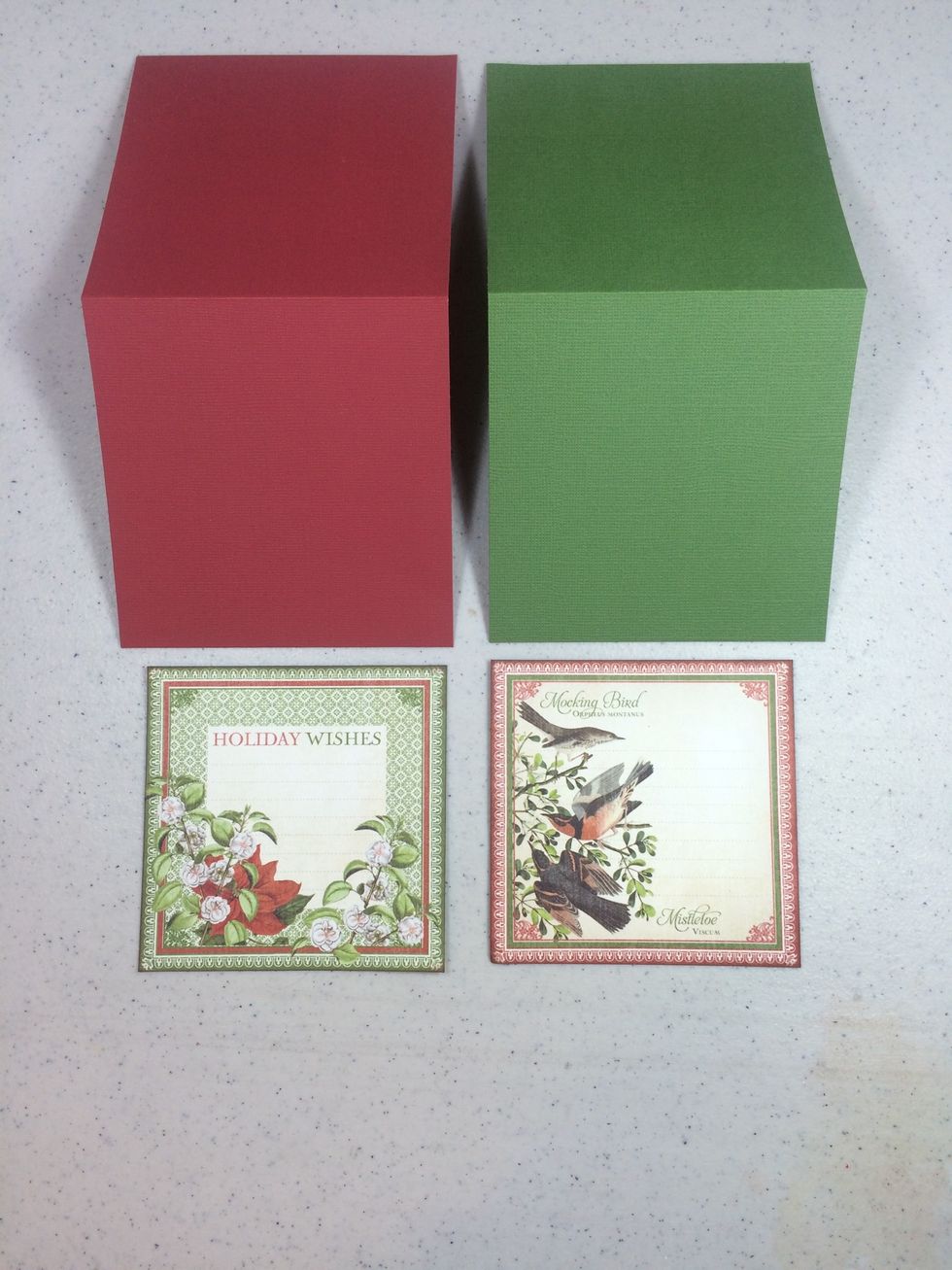 Next, we'll make two square cards. From red and green cardstock cut a piece 4 1/2" x 9" from each and score in half. Ink edges of the two 4" square cut-aparts shown.