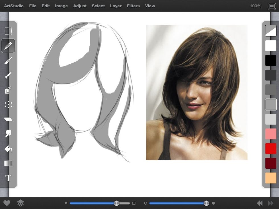 Next we want to think about the lighting. Using the shapes method, we will block in shapes of shadow that will represent the shadows in the reference picture.