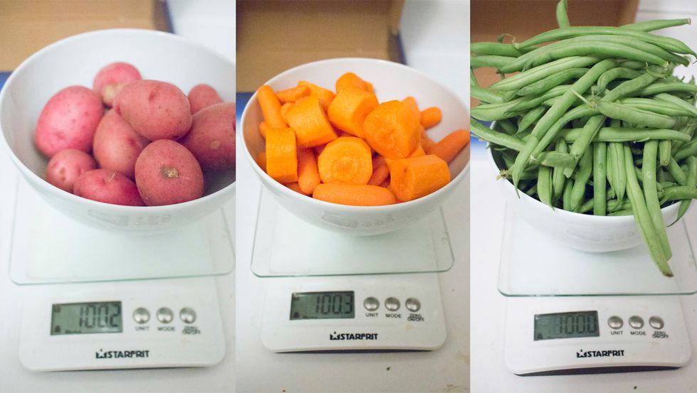 Next, weigh your ingredients. You need 1 lbs (or 16 ounces) each of mini red potatoes, carrots and green beans.