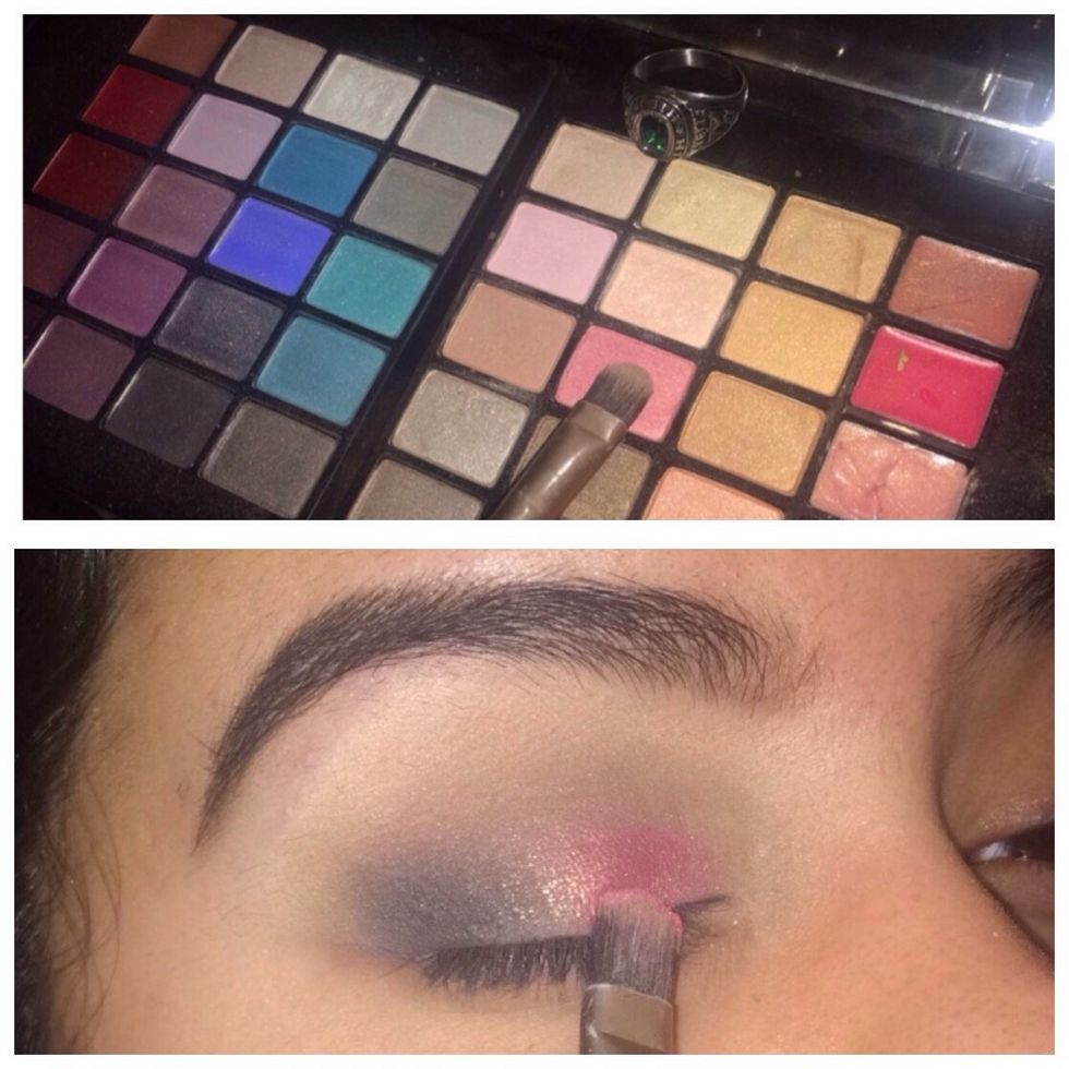 Next with a flat brush, pick up a shimmery color and put it on the inner \u00bd of your eye.