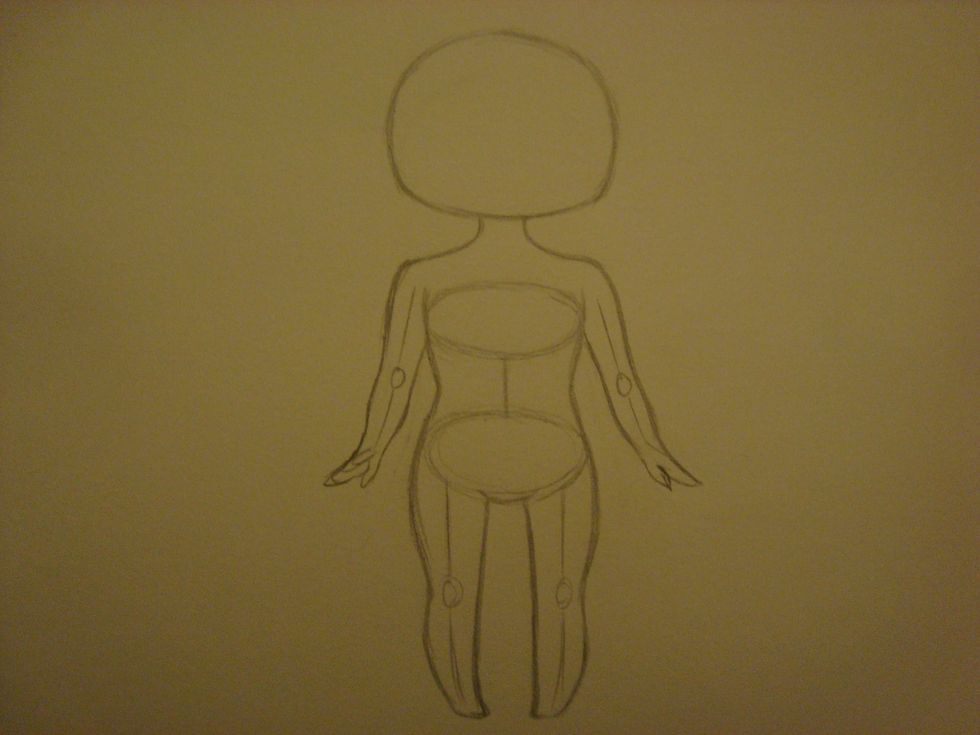 Next, you draw the two lines on each side for the arms, and don't forget to draw a small circle for where the elbow is. Make sure the circle lines up horizontally with the waist.
