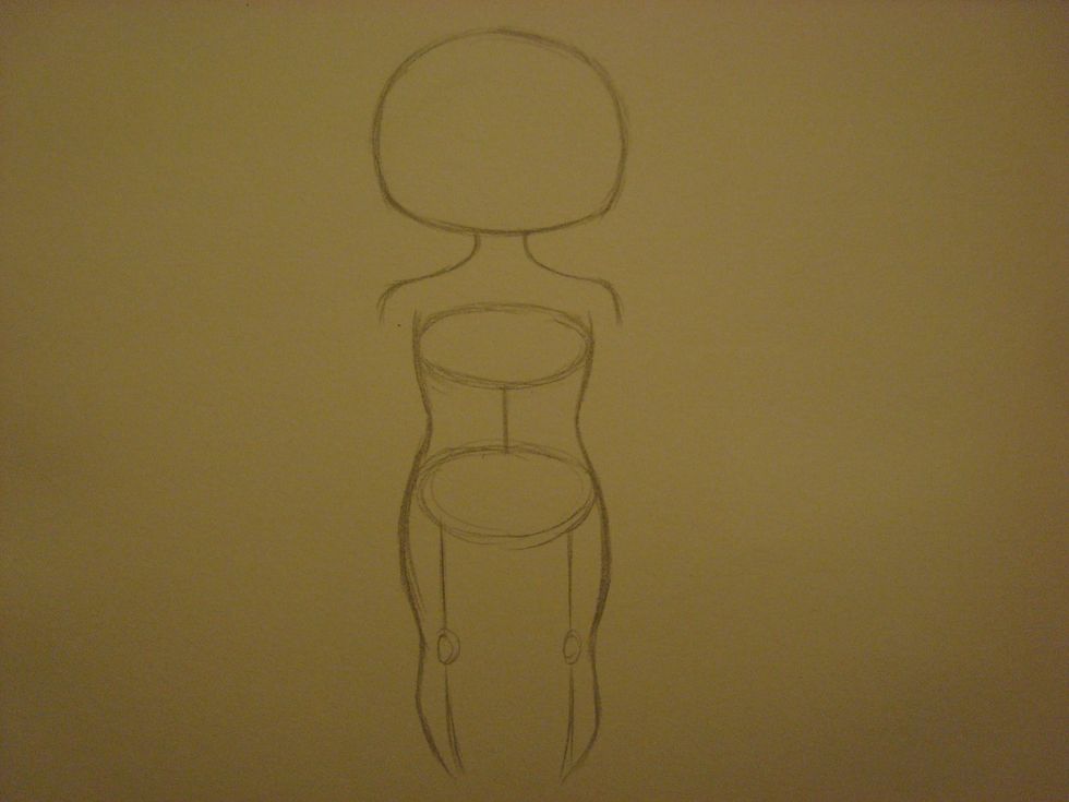 Next, you draw two lines on each side down to the feet. Make sure you curve the line towards the inside between the two ovals, and at the small circle where the knee is.