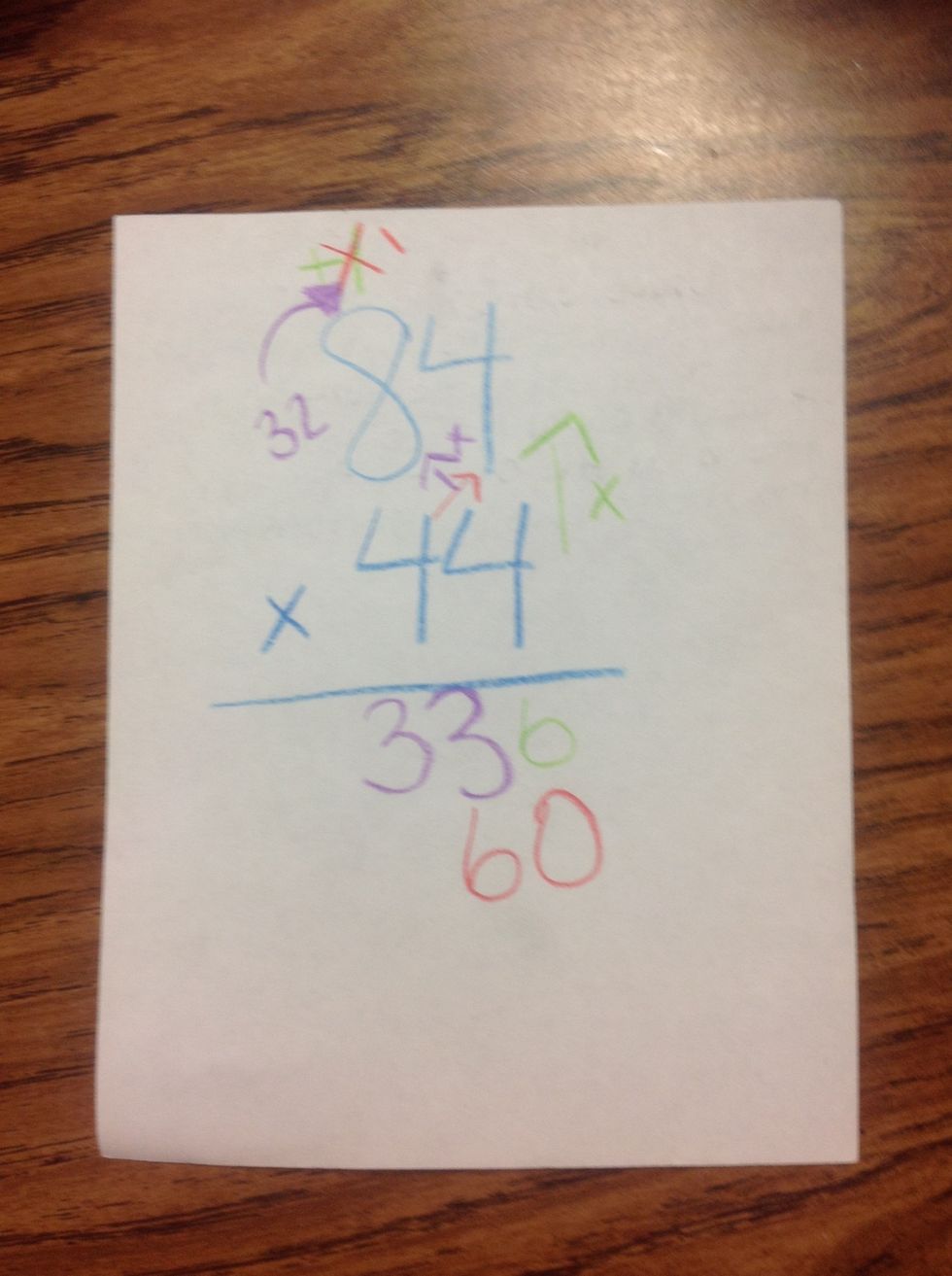 Next you multiply the 4 in the tens place which would be 40 and then multiply the 4 in the ones place which would be 40x4=160 so you put the 6 by the 0 at the bottom and the 1 above 8 in the 10 place.