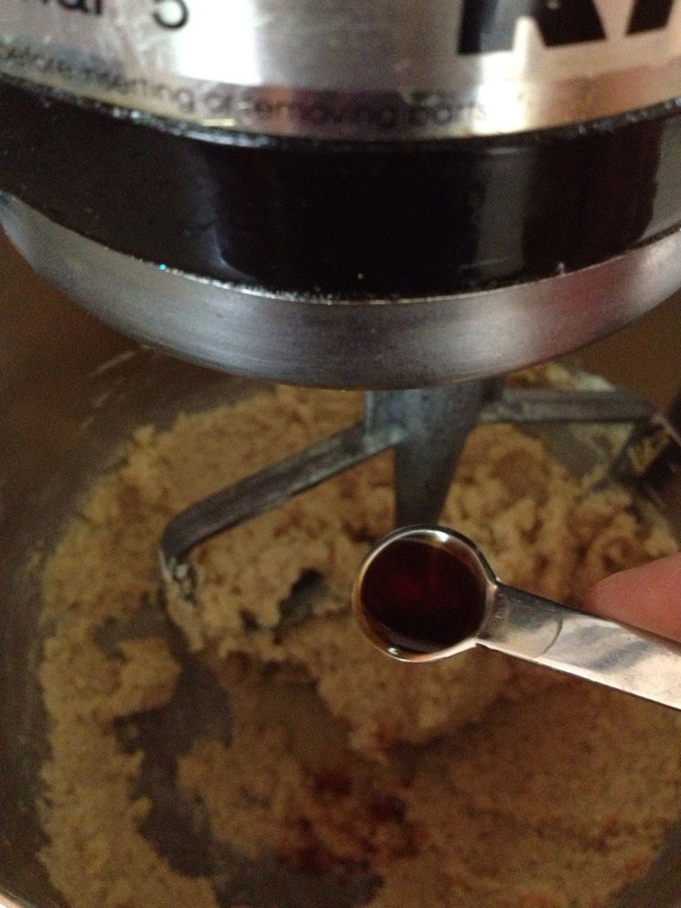 Next you need to add two teaspoons of vanilla extract to the sugar and butter. I only had a 1/4 teaspoon spoon so I had to add eight of those in. Not sure where my spoons disappeared to...hmmm.
