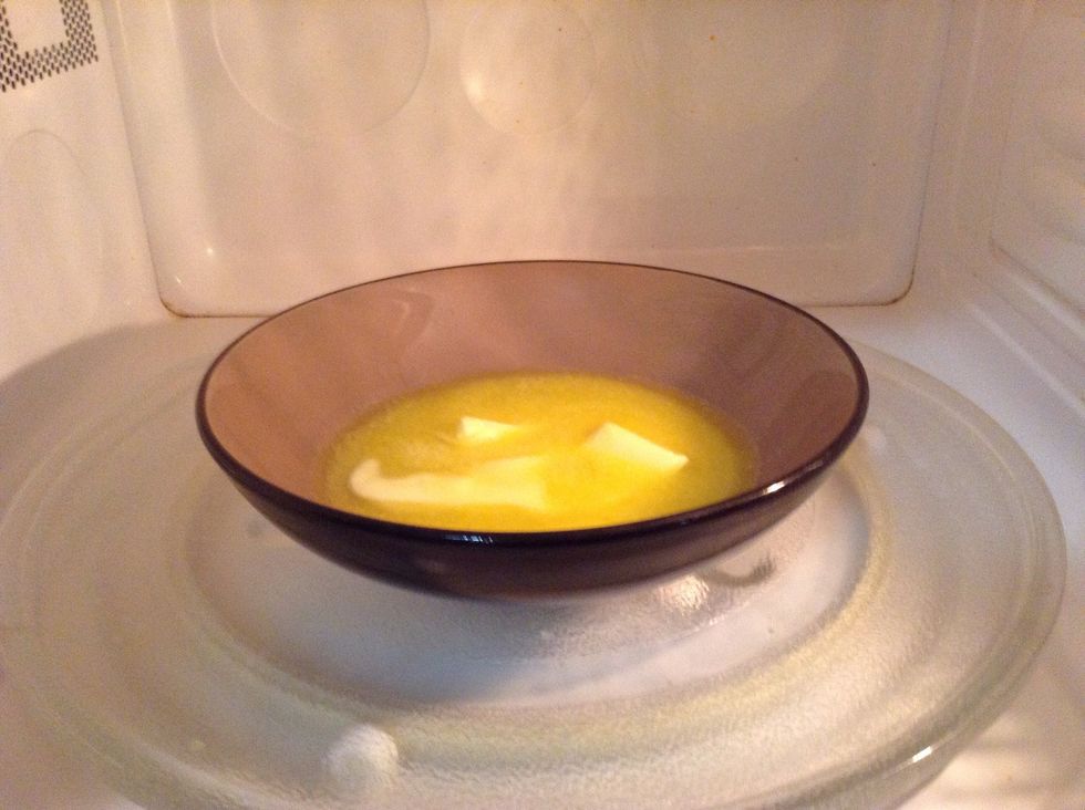 Next you put your butter in a microwaveable save bowl and put it in the microwave for 50 seconds so it melts