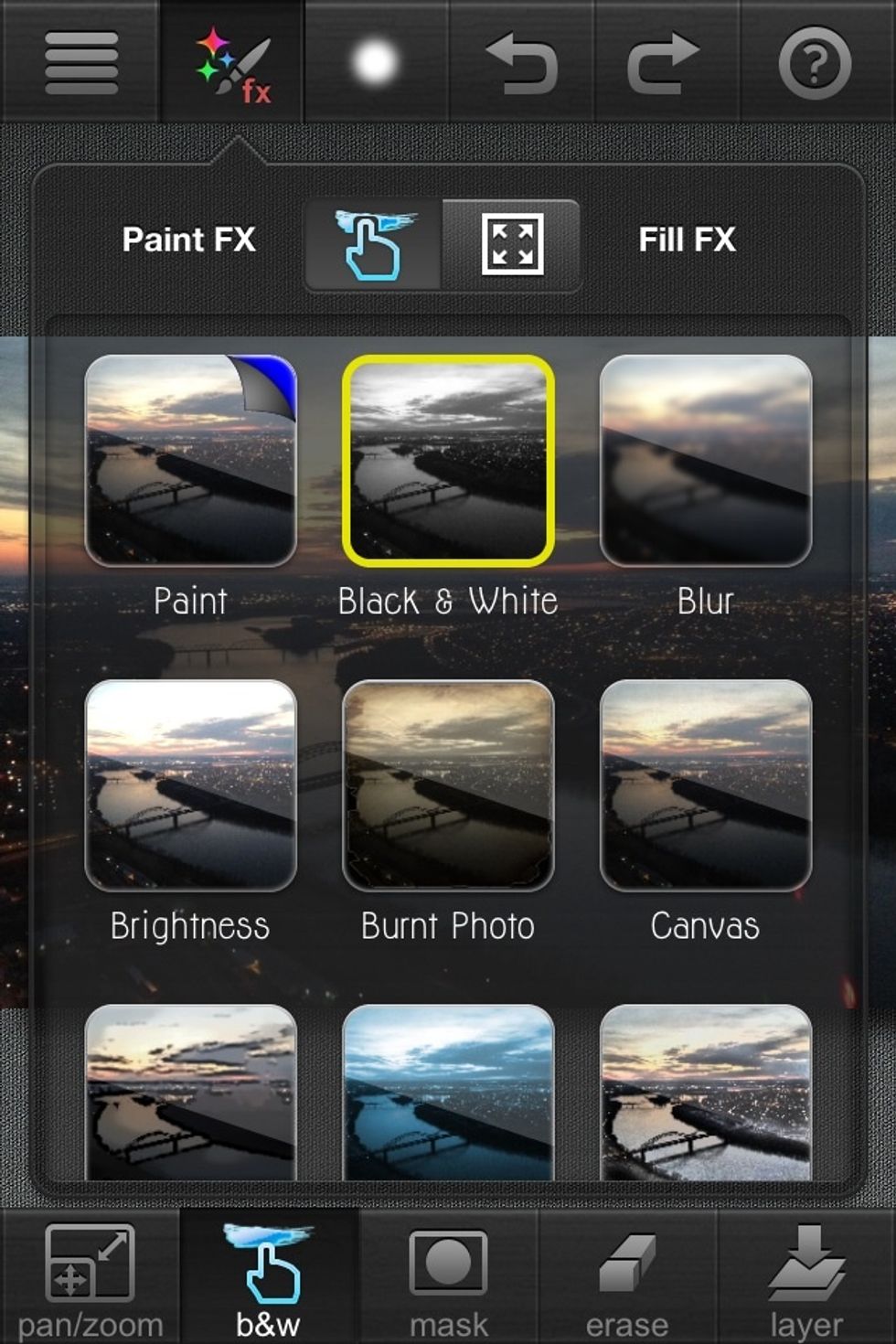 Next you want to click the second tab on the left that looks like a paint brush and says FX. Then let's click brightness to make the picture pop.