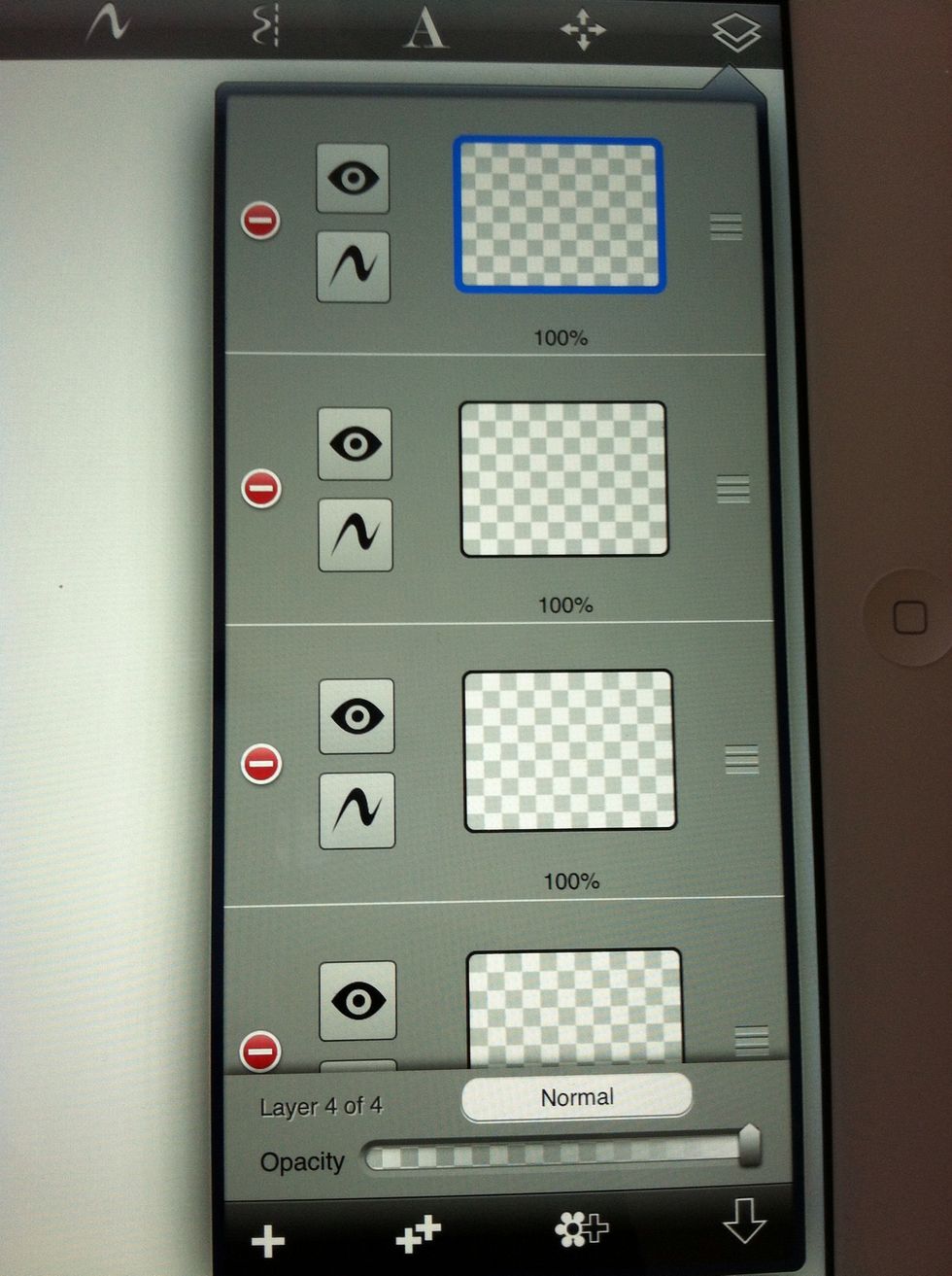 Next you want to tap the layers box in the top right corner. It looks like a stack of paper. When the bar appears tap "+" to create a new layer to work with. The first sketch will be on the bottom.