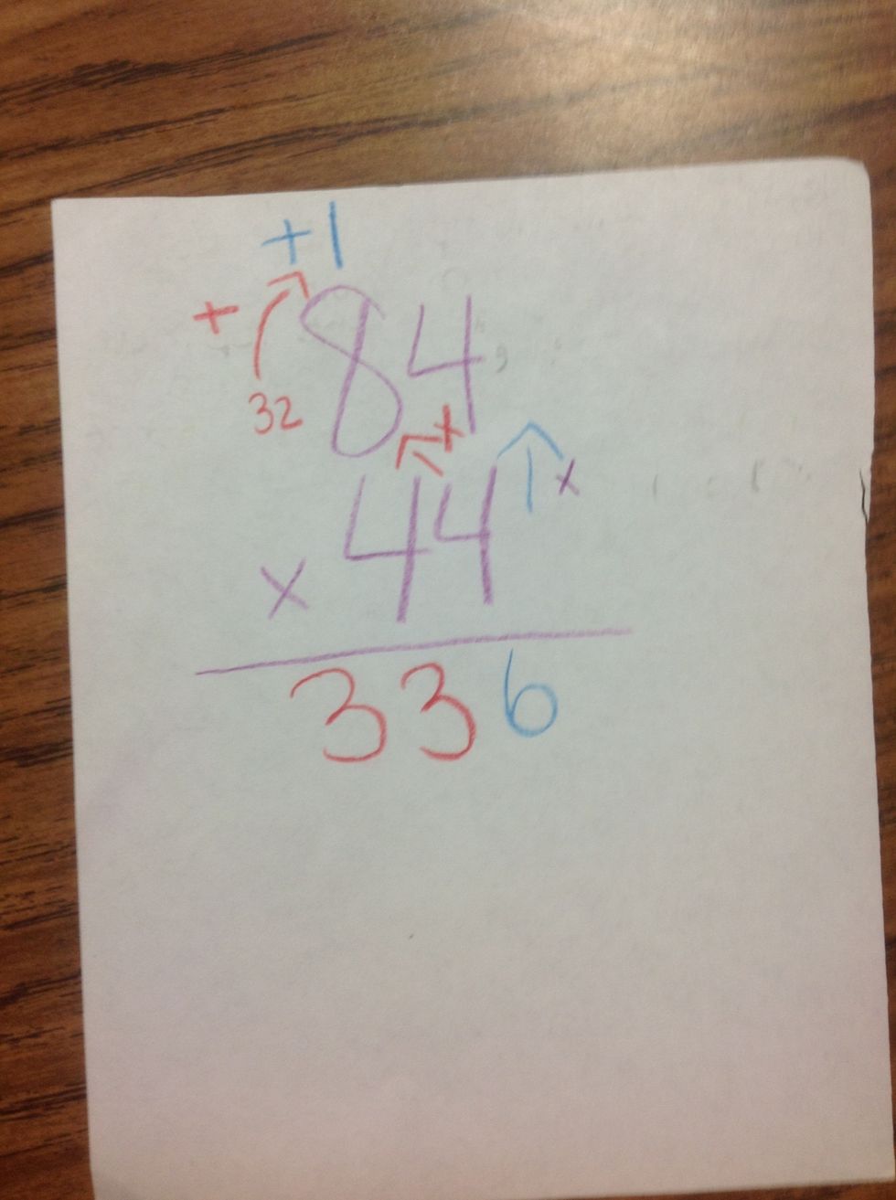 Next you will multiply the ones place in the bottom by the tens place in the top multiply 80x4=320 I then add 320 and 16 and get 336 I put the 0 in the tens place and a 3 in the hundreds place.