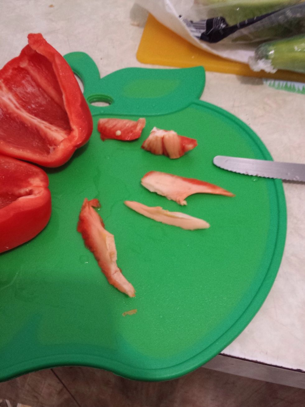 Next you will need to cut out the pinker bit of the capsicum from the inside. This will make it taste it so much better.
