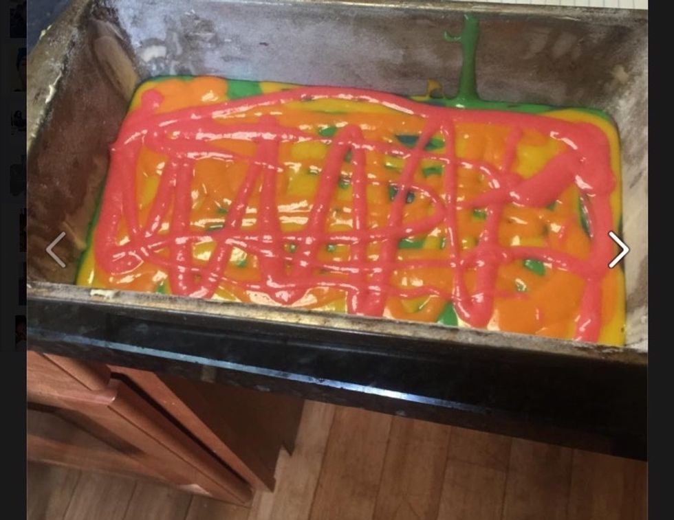 Next your going to take your flour and butter pan and just drizzle your colored batter into the pan. Do one color over the next until your batter is done and looks like this.