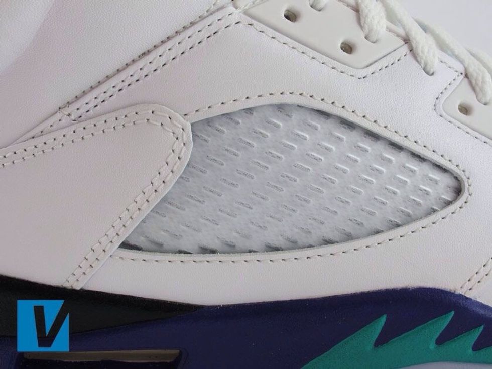 Nike Jordan 5's will not have the trademarked swoosh on the side but rather a mesh panel. Check that the stiching around the panel is neat and even.