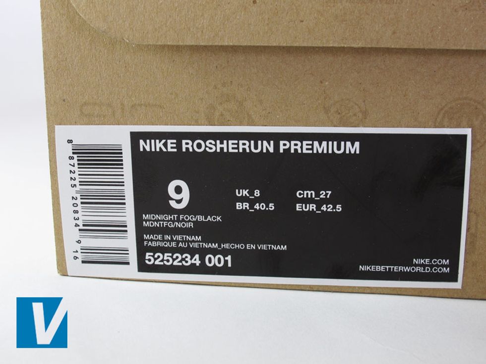 Nike retail boxes feature a label on one side detailing style name, size, colour, country of manufacture and a style number. The style number is usually 9 digits long.