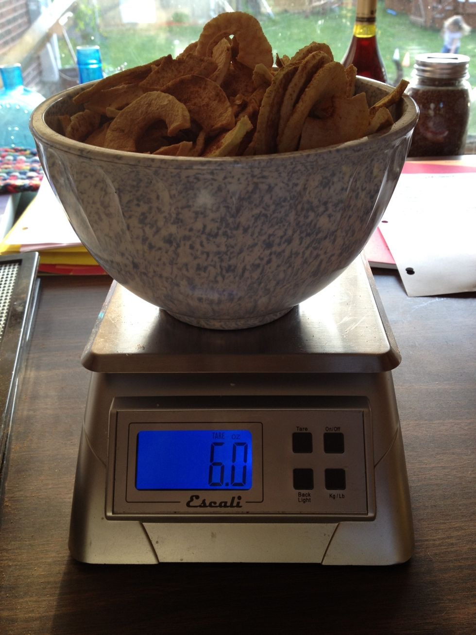 Nine apples weigh 6 oz. Next time I'll weigh the apples before slicing & dicing Just for fun. You're allowed to do fun things in the kitchen. You're allowed to do fun things with your dehydrator too!