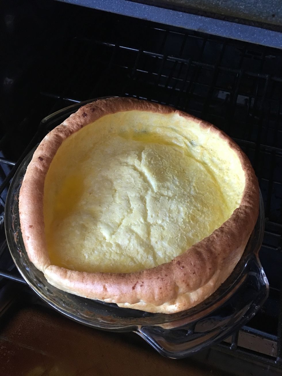 No peeking! Check around 22 minutes as Oven times vary. Pancake should be golden brown and puffy when done.