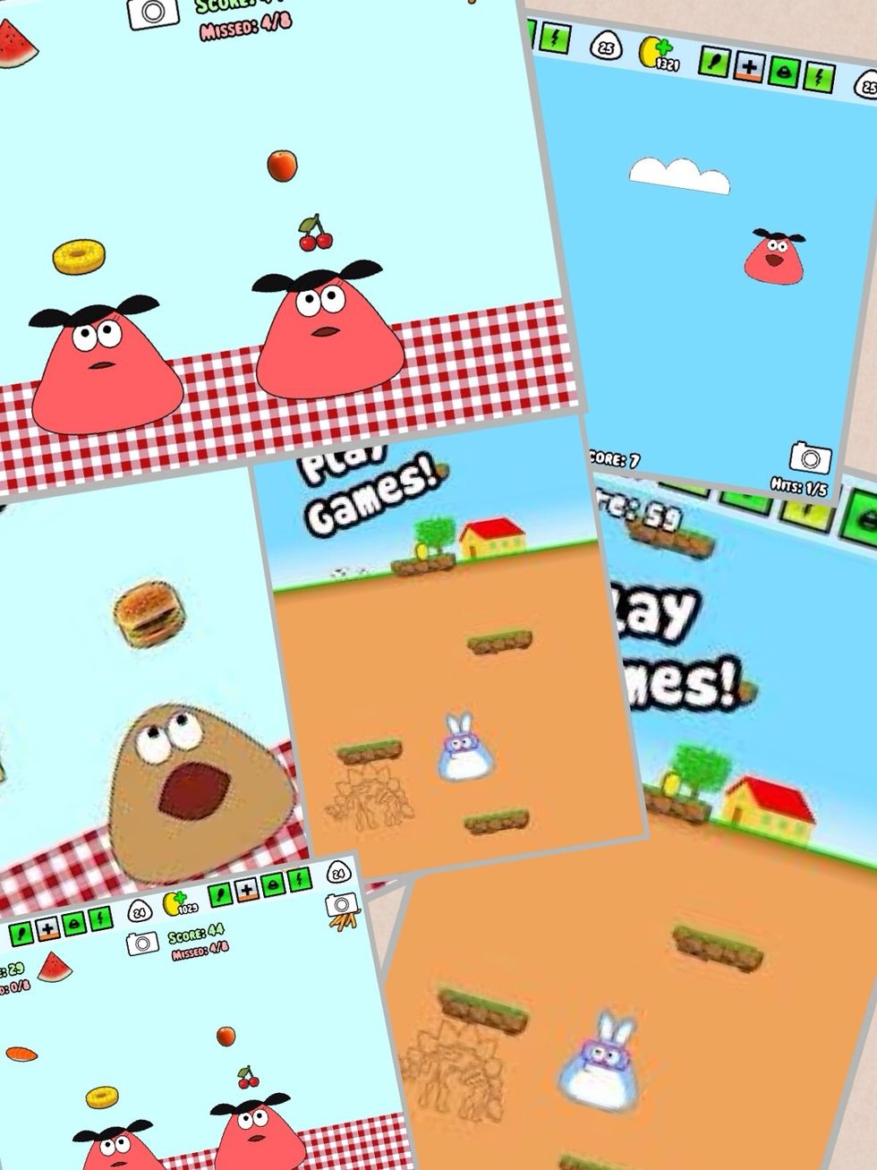 Nom dels jocs: food drop, sky jump, free fall, color match, sad tap, pou popper, find pou, pou sounds, tic tac pou, four pous