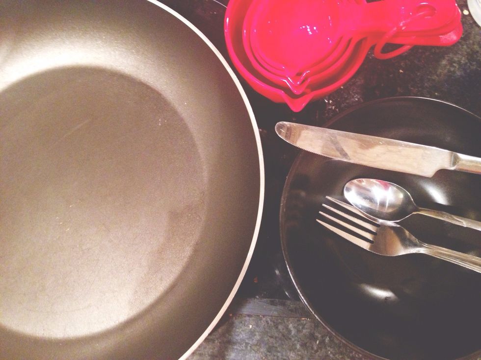 Non-stick pan, measuring cups, fork, bowl, tbs, teaspoon, chopping board, knife