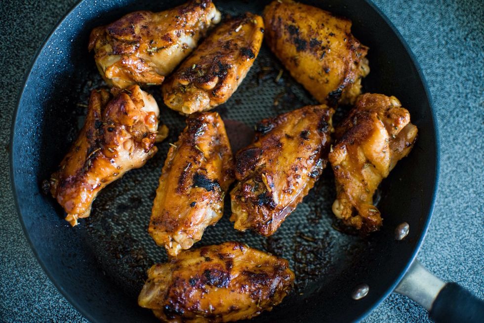 Nonstick pan on medium heat. Spray Pam or (cooking spray). When pan is hot, sear the chicken for 60-90 seconds on both sides (or as desired). I like crust and more of a non-gooey texture.
