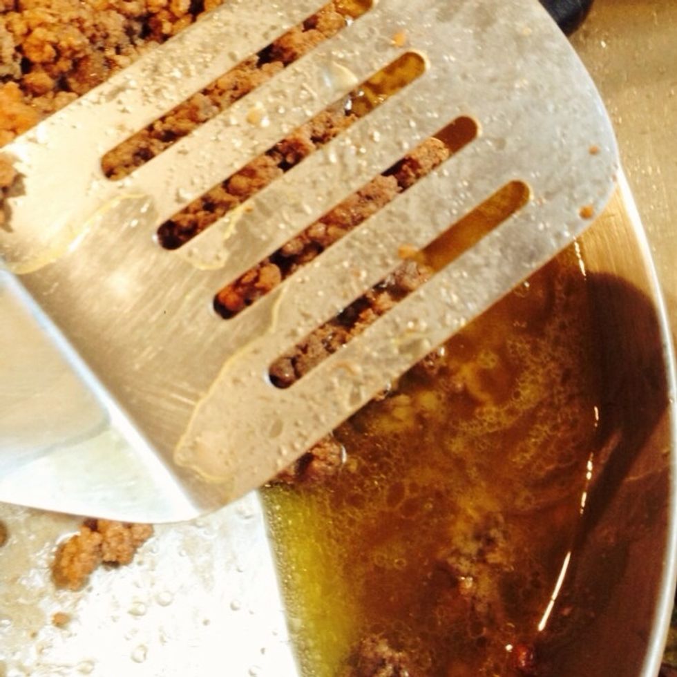 Note the extra grease.  Gross but yummy.  You want to drain about half of that off and keep the rest in the pan with your meat.  Set aside.