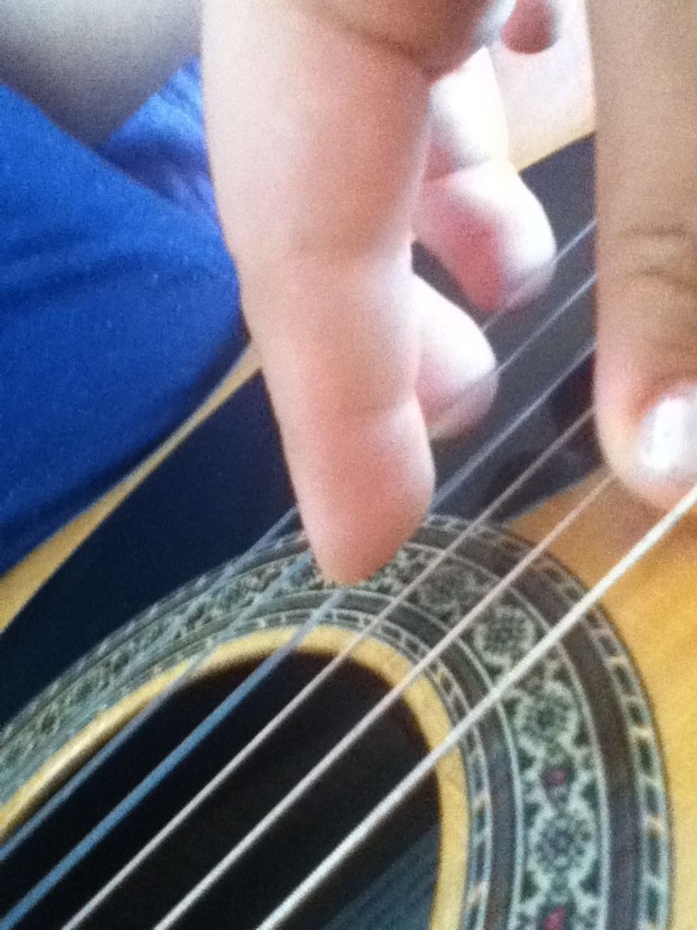 Note: to play properly, this is the order for your fingers-strings. The photo is taken since your point of view. (the big finger is for the three bass) (you dont use your pinky finger on this hand)