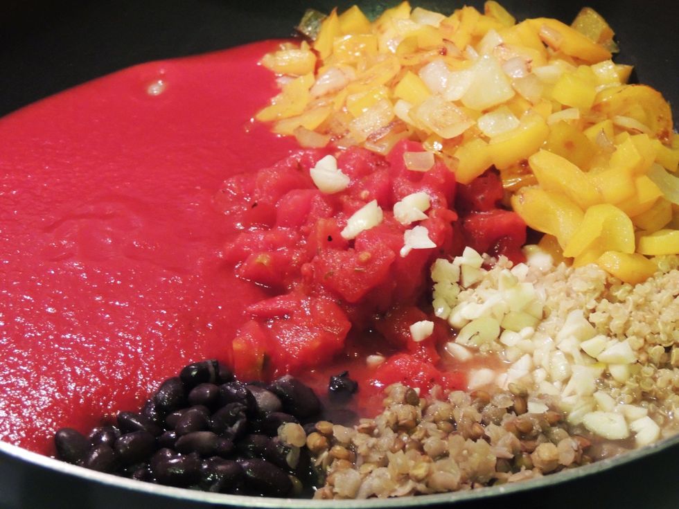 Note: We typically have beans, quinoa, lentils already cooked that have been used for other meals during the week. \nAdd garlic and salt / pepper to taste. Stir well. Simmer about 10 minutes.