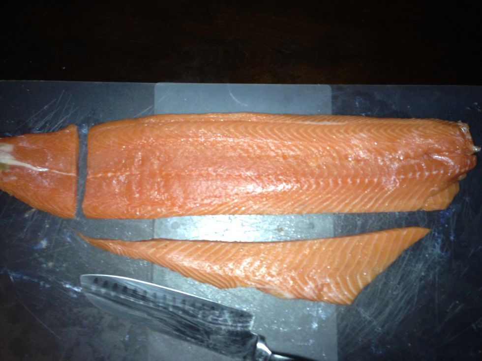 Notice how it squares off the rest of the salmon. This will help make perfect individual portions that are cooked evenly throughout. This is a 2.1# fillet by the way.