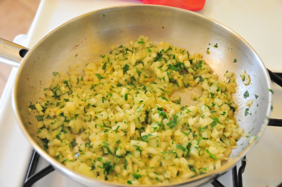 Notice how small the onions are diced. Keep them small so they don't overpower each bite. Saut\u00e9 onions and parsley with 3 tablespoons olive oil and 1 teaspoon of #4 Pronto Italiano over medium heat.