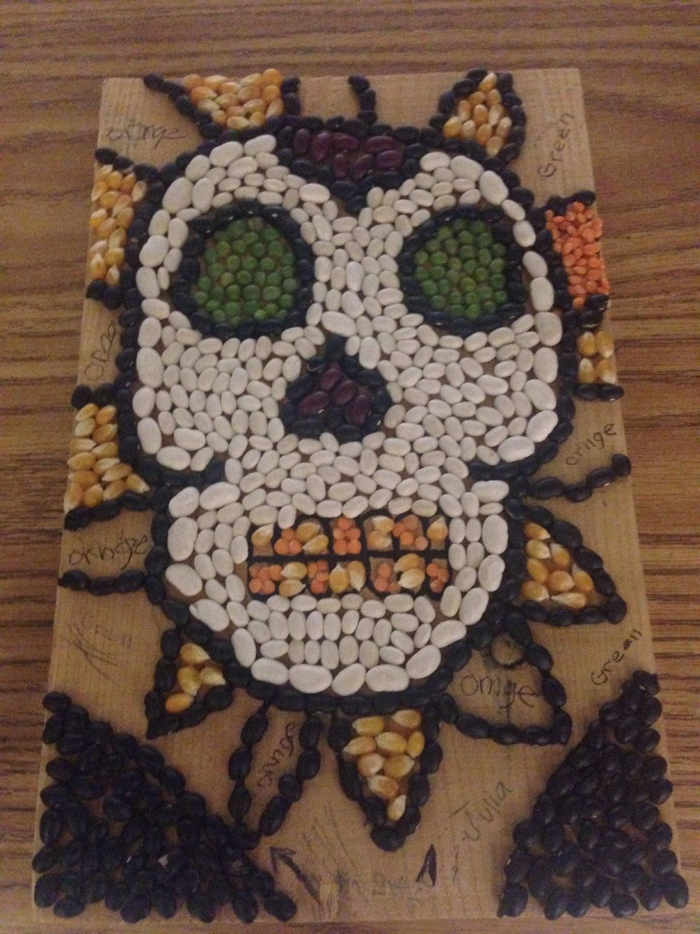 Notice how this student planned ahead. They wrote in pencil the bean color they will use in each section. Students who do this end up with beautiful projects.