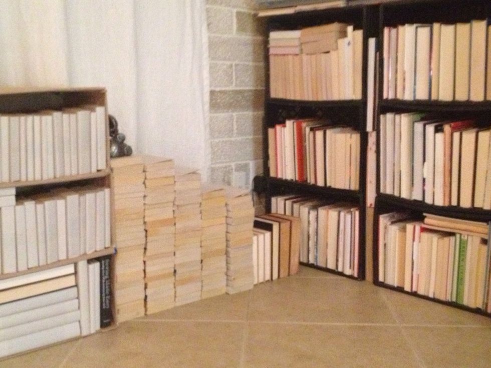 Notice that I'm so anal I started covering my books!?! Much simpler way to look organized is to simply turn the spines around or lay them on their sides. I stacked old milk crates as a bookshelf too.